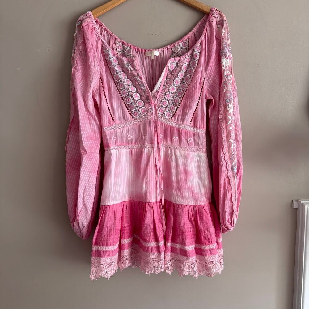 LoveShackFancy Chelie Embroidered Pink Long Sleeve Mini Dress Size 4